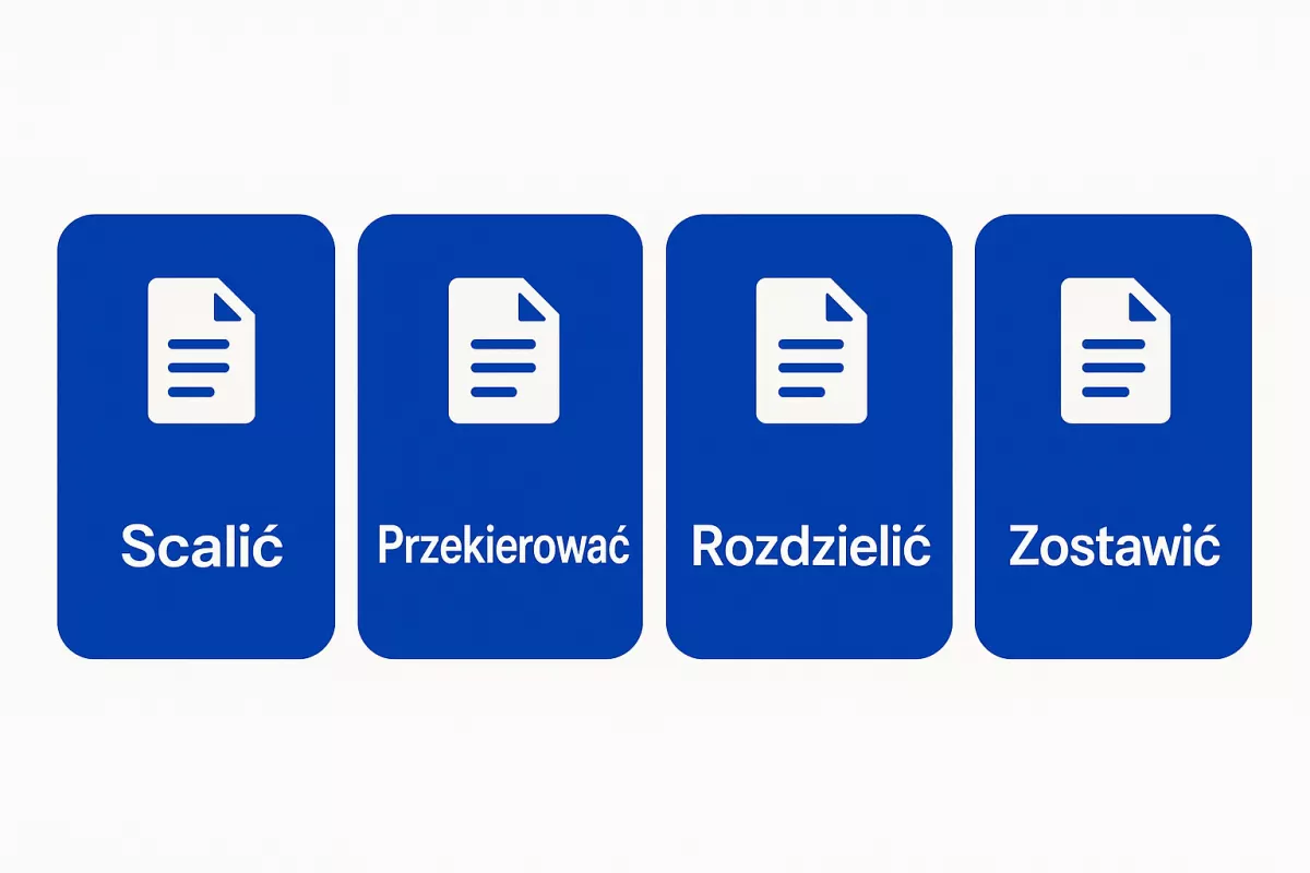 Cztery decyzje przy kanibalizacji treści: scalić, przekierować, rozdzielić, zostawić