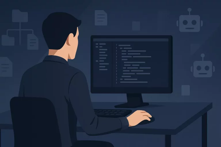 Osoba przy komputerze konfigurująca plik robots.txt, wokół ikony robotów